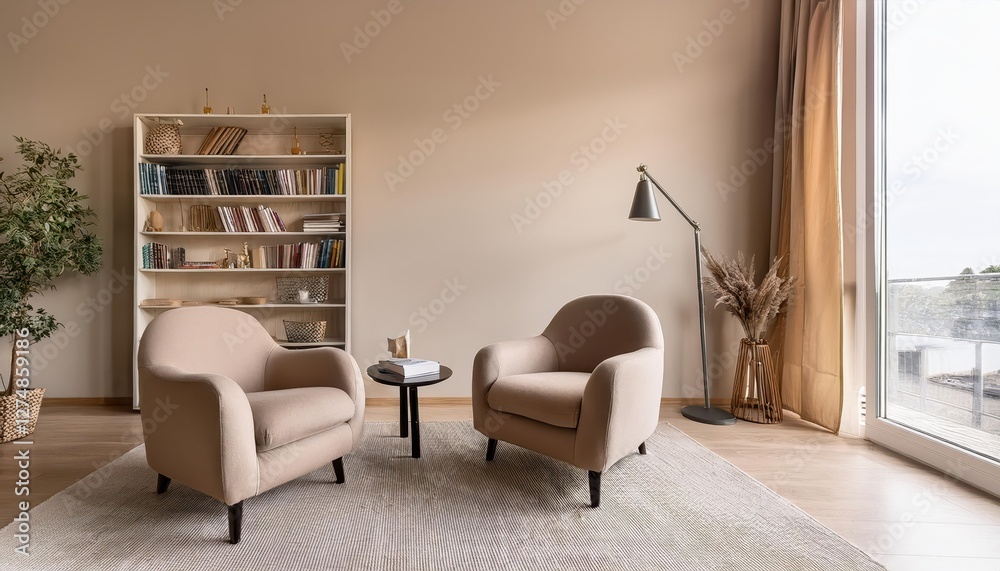 Cozy Beige Living Room Interior Armchairs and Bookshelf in Warm Neutral Space, Radiating Serene Elegance with a Hint of Vintage Charm. Cozy Beige Living Room Interior Armchairs and Bookshelf in Warm Neutral Space, Radiating Serene Elegance with a Hint of Vintage Charm.