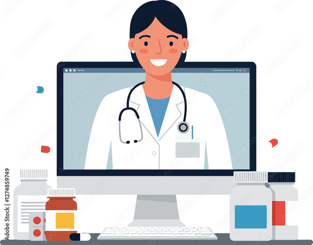 Doctor on a computer screen with various medicine bottles in a flat vector illustration