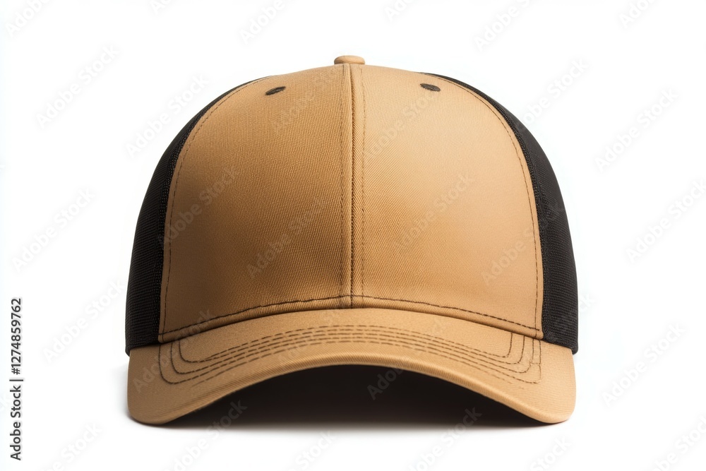 Fototapeta premium Tan and black baseball cap with a mesh panel