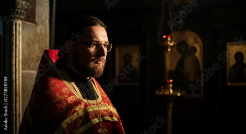 Caucasian male clergyman in traditional vestments in dimly lit church with icons photo