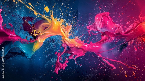 Colorful paint splashes on a black background creating an abstract dynamic art composition