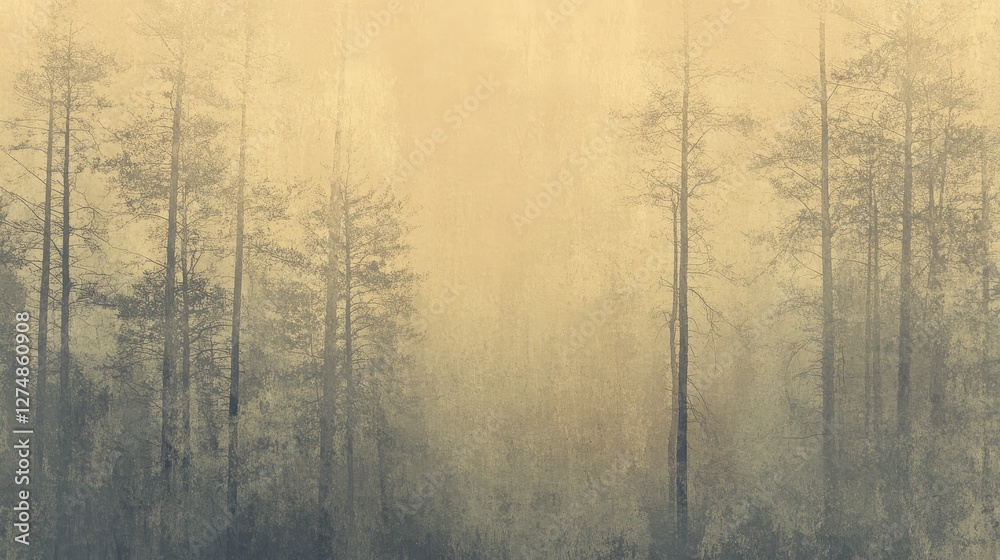 Ethereal woodland scene showcases tall trees shrouded in dense fog