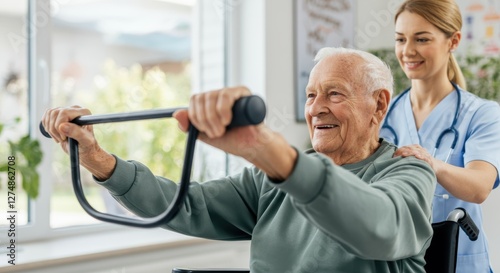 Elderly caucasian male engaging in physical therapy with caring female nurse