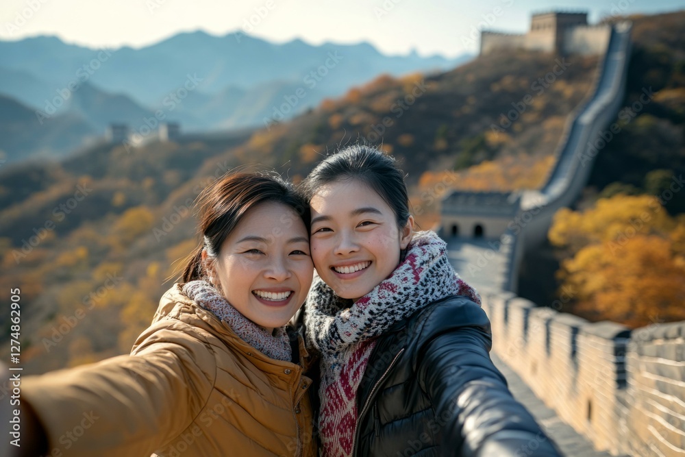  Mother and daughter taking selfie at the Great Wall, enjoying a sunny day, promoting family travel and bonding