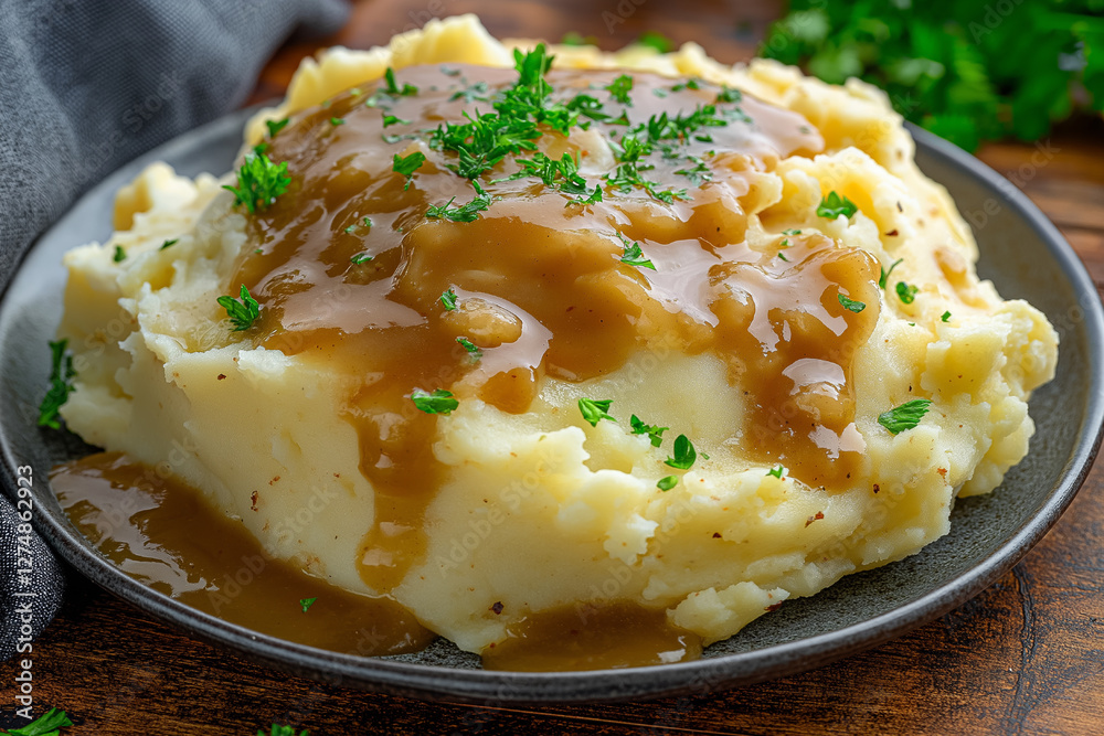 Creamy Mashed Potatoes Topped with Rich Brown Gravy Creamy Mashed Potatoes Topped with Rich Brown Gravy
