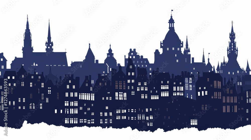 Fototapeta premium Silhouette of Orleans skyline with historic architecture under night sky, France urban cityscape illustration