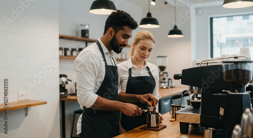 Baristas work together preparing coffee with an espresso machine in a bright cafe. photo