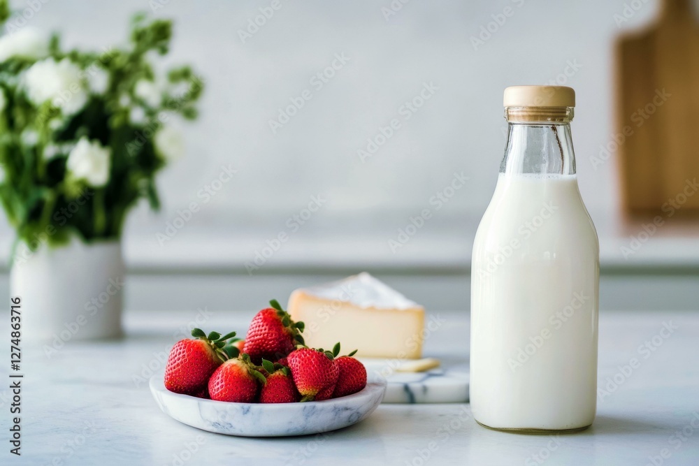 Fresh breakfast scene with milk bottle, cheese, and strawberries on marble surface in airy kitchen setting Fresh breakfast scene with milk bottle, cheese, and strawberries on marble surface in airy kitchen setting