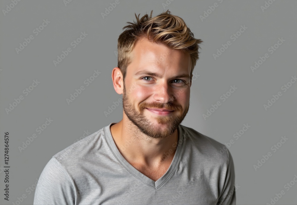Portrait of a Man with Blond Hair and Beard Wearing a Gray T-Shirt Portrait of a Man with Blond Hair and Beard Wearing a Gray T-Shirt