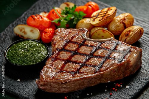 Grilled T-Bone Steak with Roasted Vegetables and Chimichurri Sauce