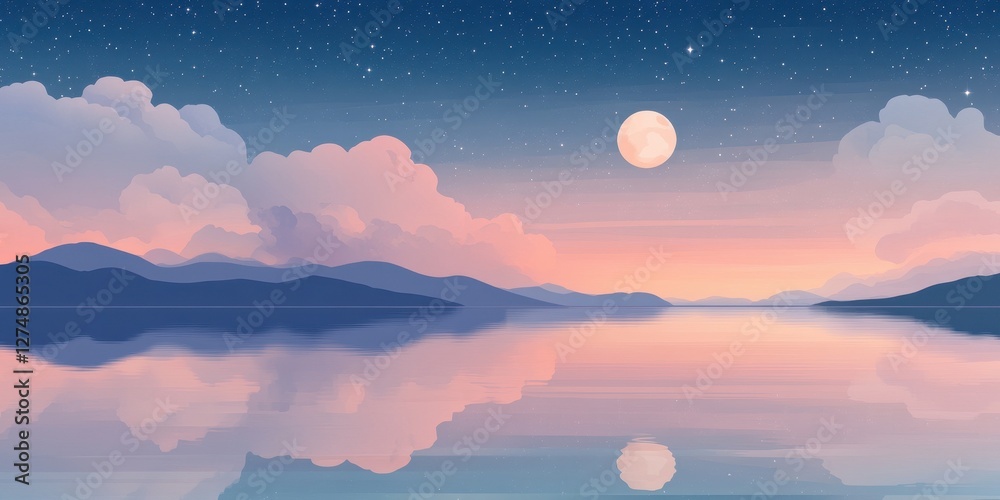 Fototapeta premium Peaceful night scene with a full moon over calm water