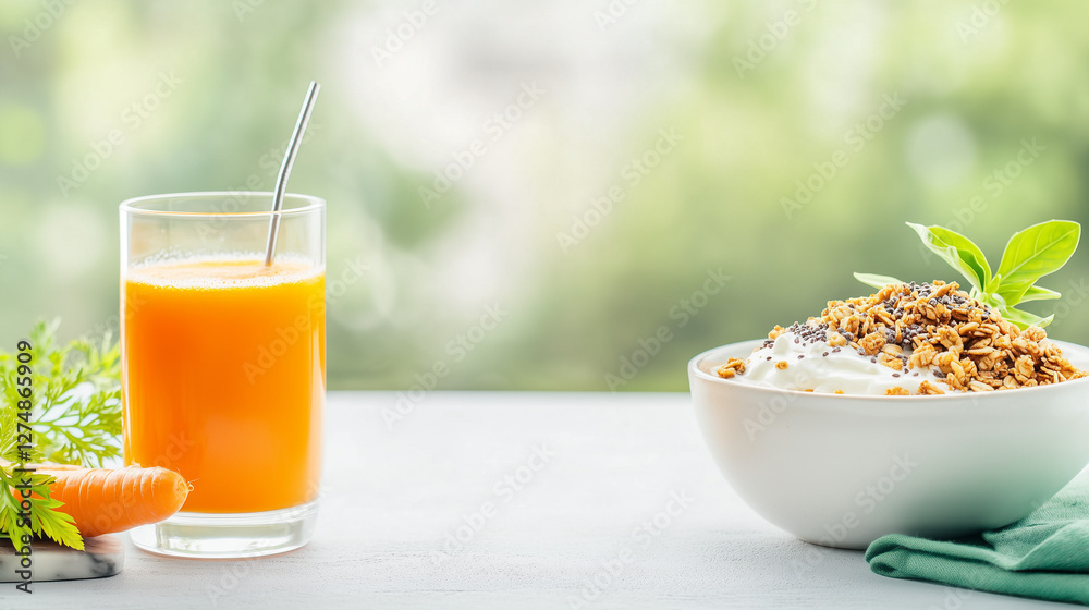 Fototapeta premium Fresh breakfast setting with orange juice and granola bowl on white surface with copy space