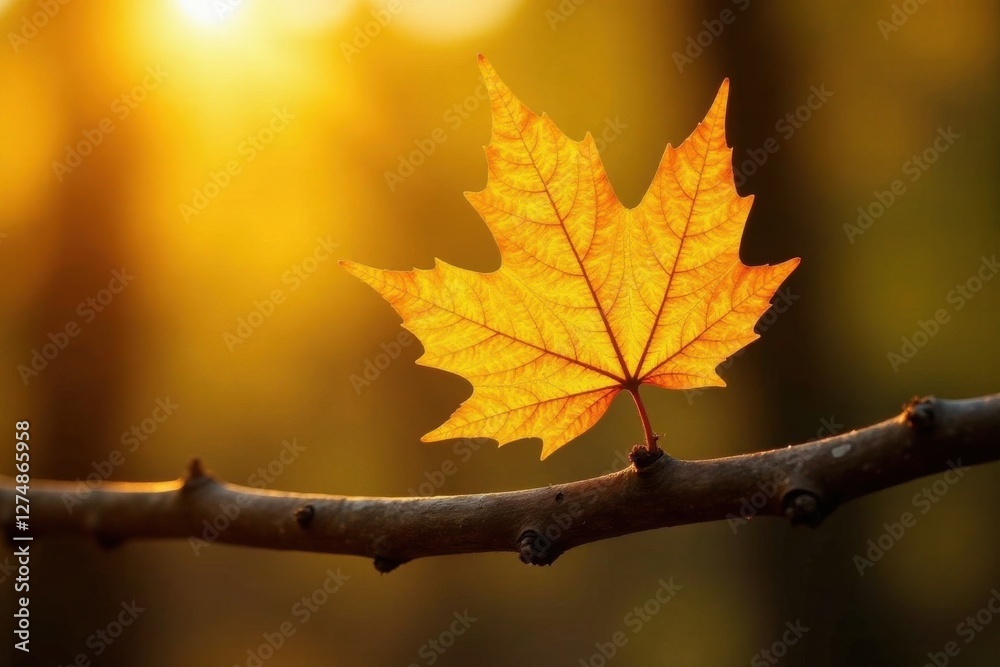 Sunlit autumn leaf with shiny yellow gold foil texture on a wooden branch, background, foliage, wood Sunlit autumn leaf with shiny yellow gold foil texture on a wooden branch, background, foliage, wood