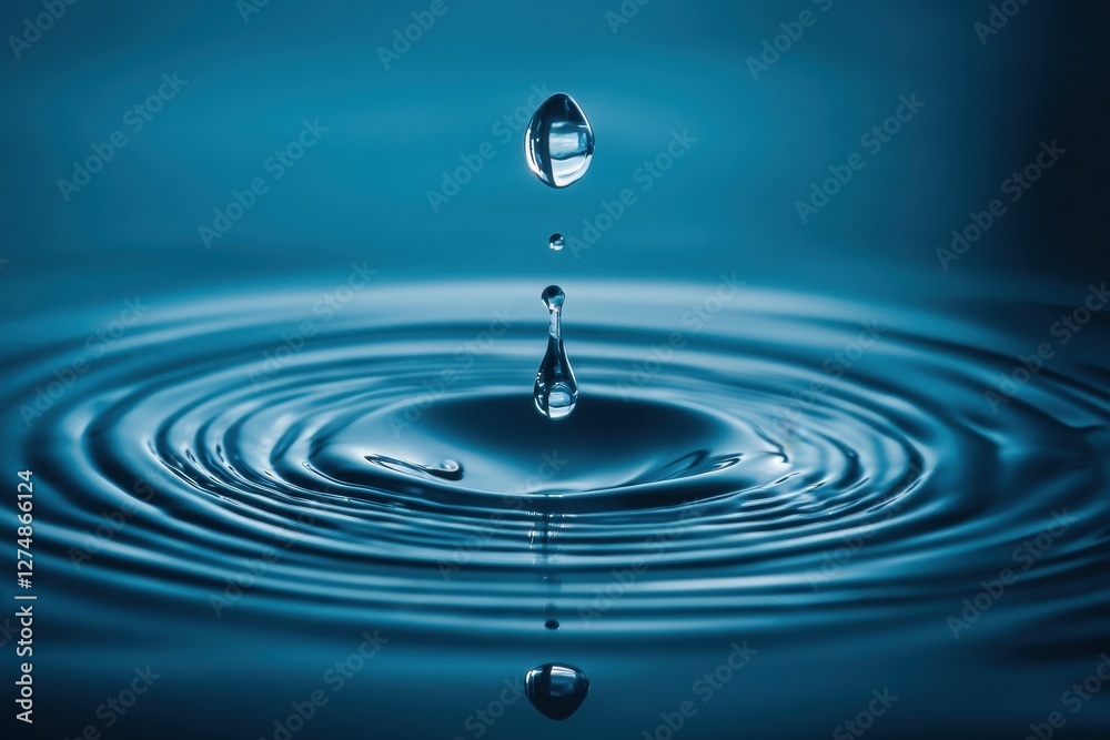 Clear water droplets create circular ripples on the smooth surface Clear water droplets create circular ripples on the smooth surface