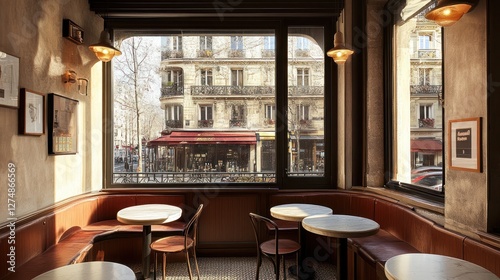Parisian Bistro Interior: Sunlight Streaming Through Large Windows, Illuminating Cozy Booths and Marble-Top Tables