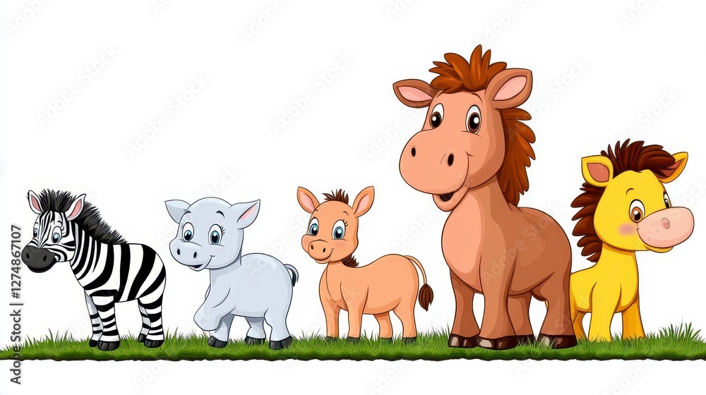 Obraz premium Colorful Cartoon Animals on Grass for Children’s Illustration
