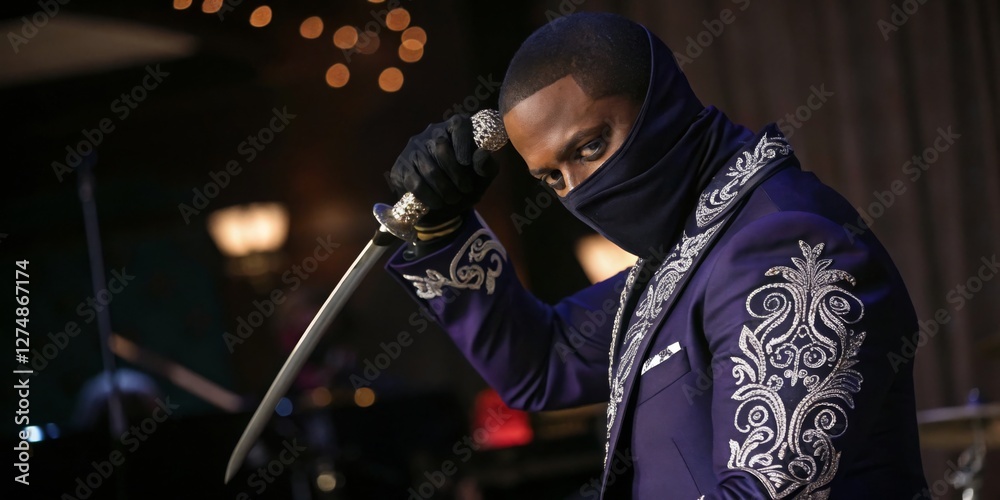 Elegant performer in stylish suit brandishing sword during captivating stage performance