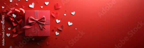 A beautifully wrapped gift box with a vibrant red bow, surrounded by playful hearts on a smooth red background, perfect for Valentine's Day celebrations, romantic events, or gift-giving.