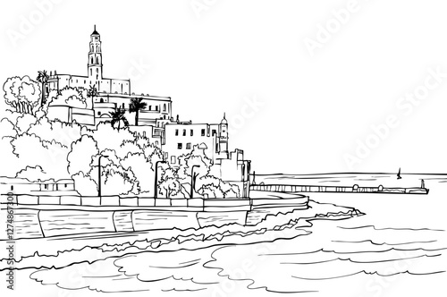 Nice view of the Old Jaffa, Tel Aviv, Israel. Ancient Harbor. Urban landscape. Hand drawn sketch. Line art. Vector illustration on white background.