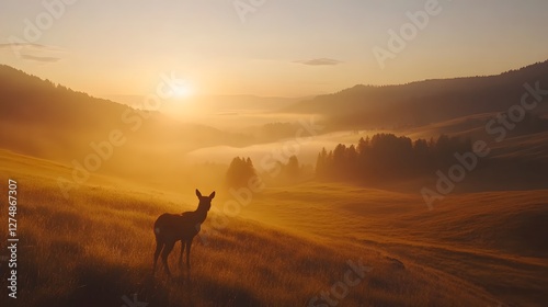 Musk deer silhouette at sunrise a serene wildlife landscape photo