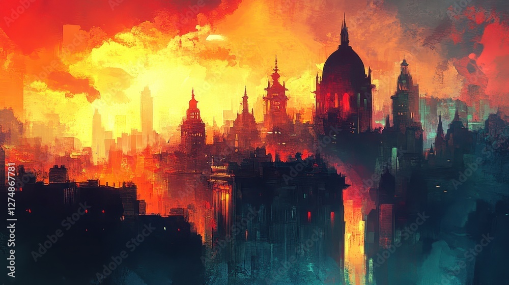Fototapeta premium Dramatic cityscape painting depicts dark buildings against a fiery sky