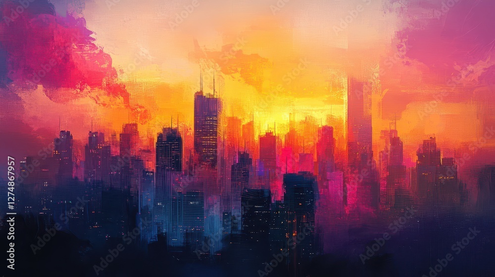 Fototapeta premium Vivid artistic rendering of a city skyline during sunset