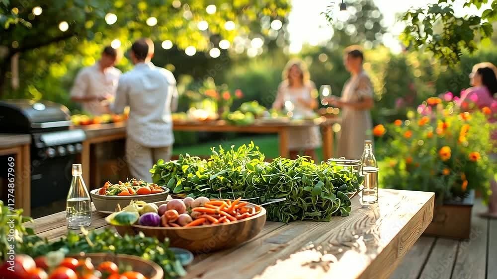 A joyful family gathering in a sun-drenched backyard garden. A joyful family gathering in a sun-drenched backyard garden.