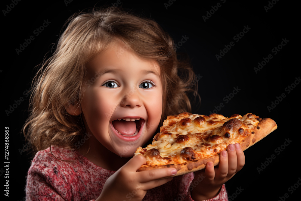 A cheerful child with dark hair eats pizza. Girl with food on a dark background. Pizza in hands. A cheerful child with dark hair eats pizza. Girl with food on a dark background. Pizza in hands.