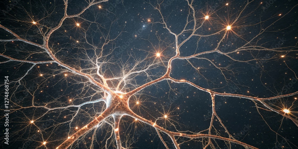 Detailed structure of a neuron illuminated with glowing connections in a dark background