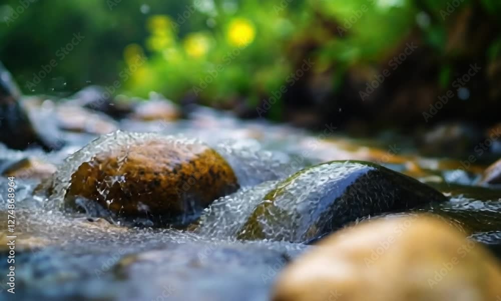 Water Cascading Over Smooth River Rocks, Nature's Serenity Water Cascading Over Smooth River Rocks, Nature's Serenity