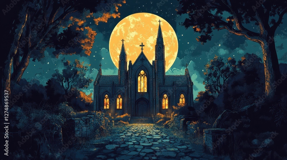 Gothic church stands illuminated under a brilliant full moon Gothic church stands illuminated under a brilliant full moon