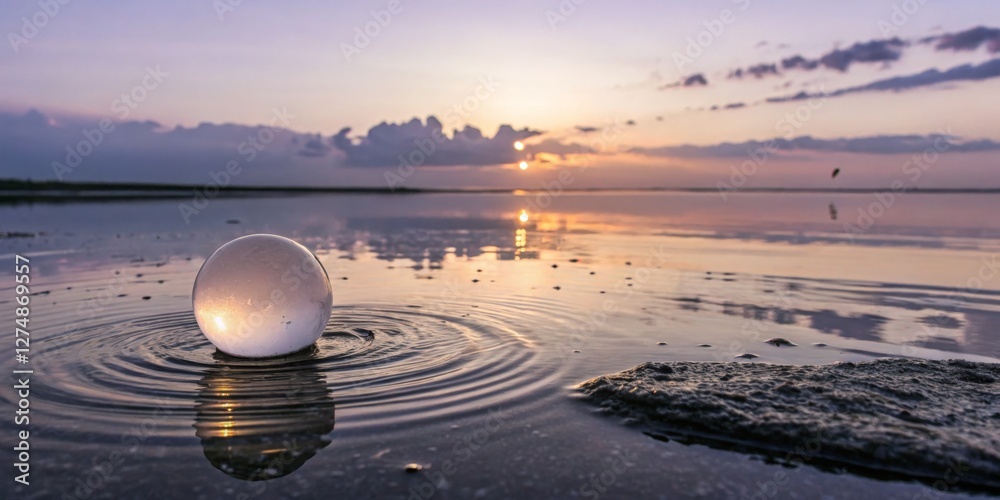 Reflection of sunset through a crystal orb on a calm water surface creating ripples near the shore at twilight