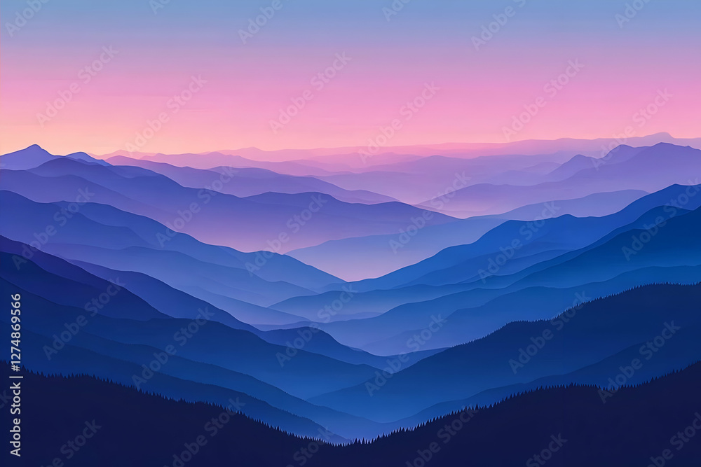 Serene sunrise over layered blue mountains; peaceful landscape for travel brochures Serene sunrise over layered blue mountains; peaceful landscape for travel brochures