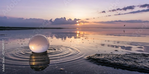 Reflection of sunset through a crystal orb on a calm water surface creating ripples near the shore at twilight