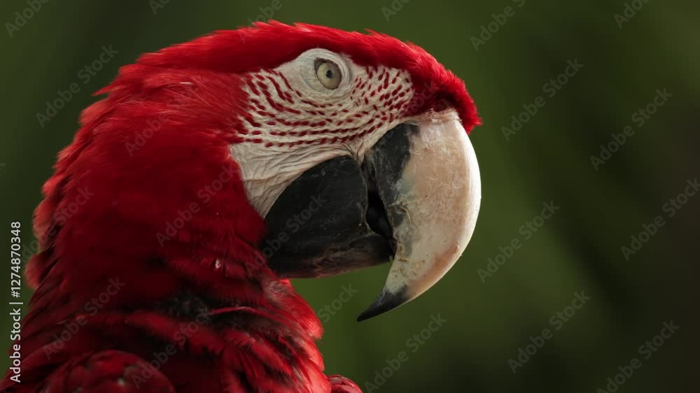 Close up red Macaw parrots in Caribbean tropical forest. Playa del Carmen, Quintana Roo, Mexico, located in the east of the Yucatan Peninsula, state Quintana Roo. Biodiveraity in tropical forests Close up red Macaw parrots in Caribbean tropical forest. Playa del Carmen, Quintana Roo, Mexico, located in the east of the Yucatan Peninsula, state Quintana Roo. Biodiveraity in tropical forests