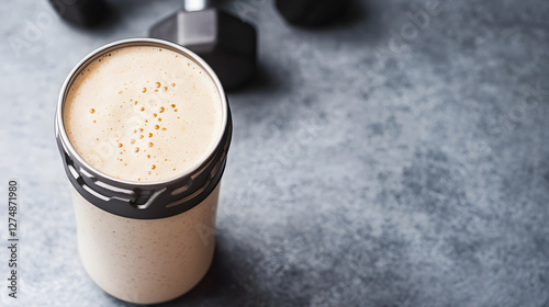 Whey protein shake in shaker bottle with dumbbells in background, ideal for fitness enthusiasts