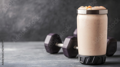 Whey protein shake in jar beside dumbbells, symbolizing strength and fitness