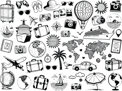 Travel Vector EPS Set, Black Vintage Sketched Stamps