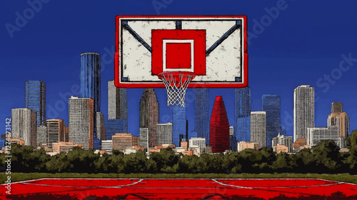 Vibrant Basketball Court with Urban City Skyline in Evening: Dynamic Vector Art of Cityscape and Sports, Red Hoops Backdrop, Blue Sky, Modern Skyscrapers