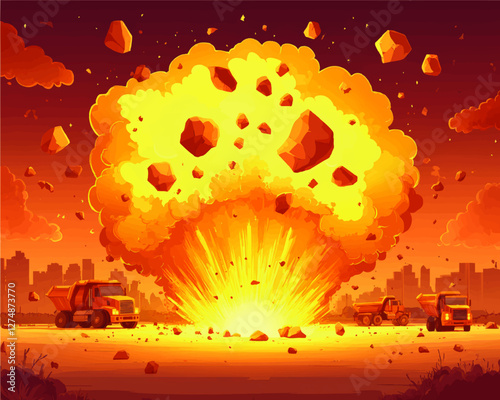 Dynamic Vector Illustration of Explosive Scene with Trucks and Urban Skyline Background, Featuring Fiery Explosion and Flying Debris in Vibrant Color Palette