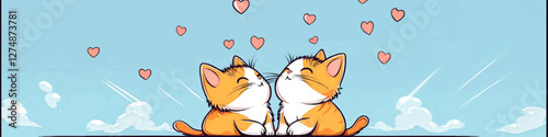 Cute Cartoon Cats in Love with Floating Hearts Vector Art - Adorable Feline Couple Illustration with Blue Sky and Clouds for Romance and Animal Lovers