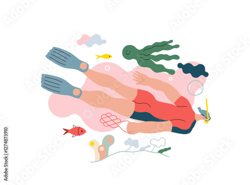 Life Unframed: Diver -modern flat vector concept illustration of a man swimming under the sea. Metaphor of unpredictability, imagination, whimsy, cycle of existence, play, growth and discovery
