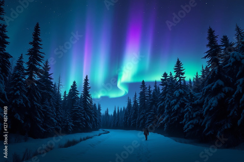 Experience enchanting spectacle of Aurora Borealis as it paints night sky with a breathtaking palette of celestial colors, bewitching lights that dance with ethereal grace, and an otherworldly ambianc photo