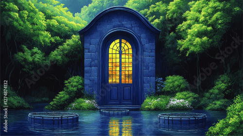 Enchanting Forest Sanctuary with Stone Chapel Overlooking Serene Water Reflections at Sunset and Verdant Foliage - Mystical Vector Art for Tranquil Retreats