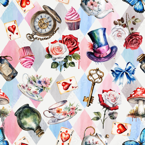 Watercolor red and white roses, poison, hat, cards on checkered background. Wonderland seamless pattern of Mad Hatter. Vector illustration. Texture for fabric, wrapping, wallpaper, print