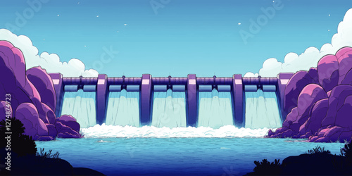 Vector Illustration of a Hydroelectric Dam with Flowing Water, Cloudy Sky, and Rocky Landscape - Sustainable Energy, Scenic Natural Beauty, and Environmental Significance