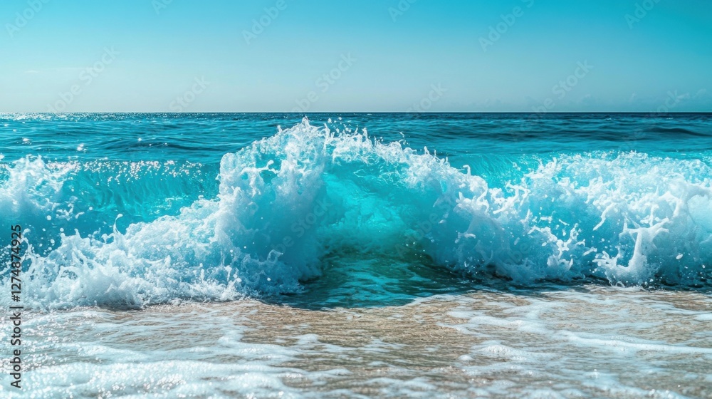 Obraz premium Serene Ocean Waves Crashing Gently on Sandy Shore Under Bright Clear Sky in Tropical Paradise