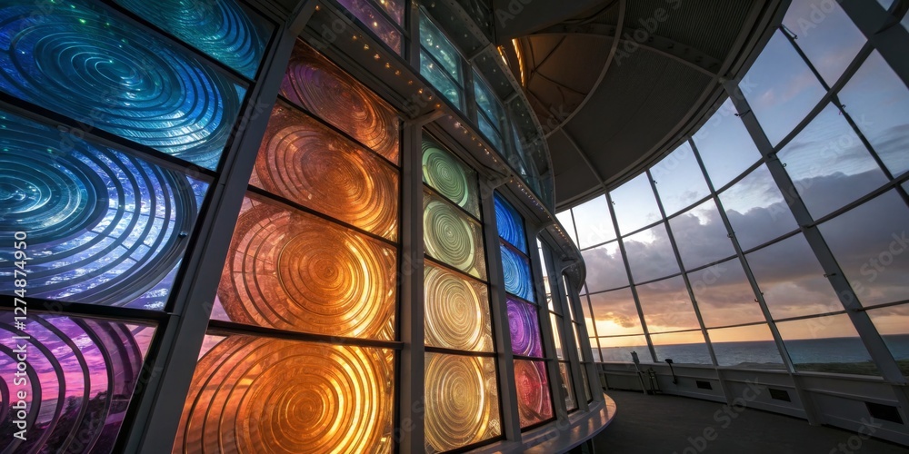 Vibrant stained glass windows illuminate a sunset at a coastal viewing area