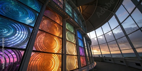 Obraz na płótnie Vibrant stained glass windows illuminate a sunset at a coastal viewing area w salonie