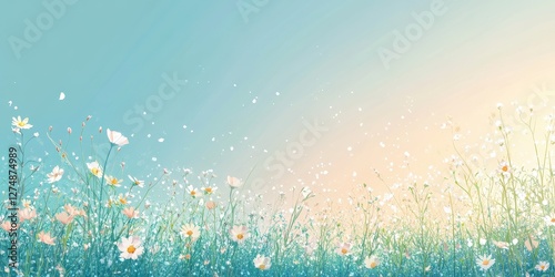 Delicate meadow with daisies and sunlight under a blue sky